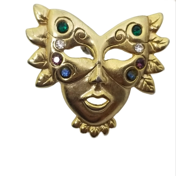VINTAGE MARDI GRAS HARLEQUIN MASK EARRINGS & BROOCH SET - Picture 2 of 4